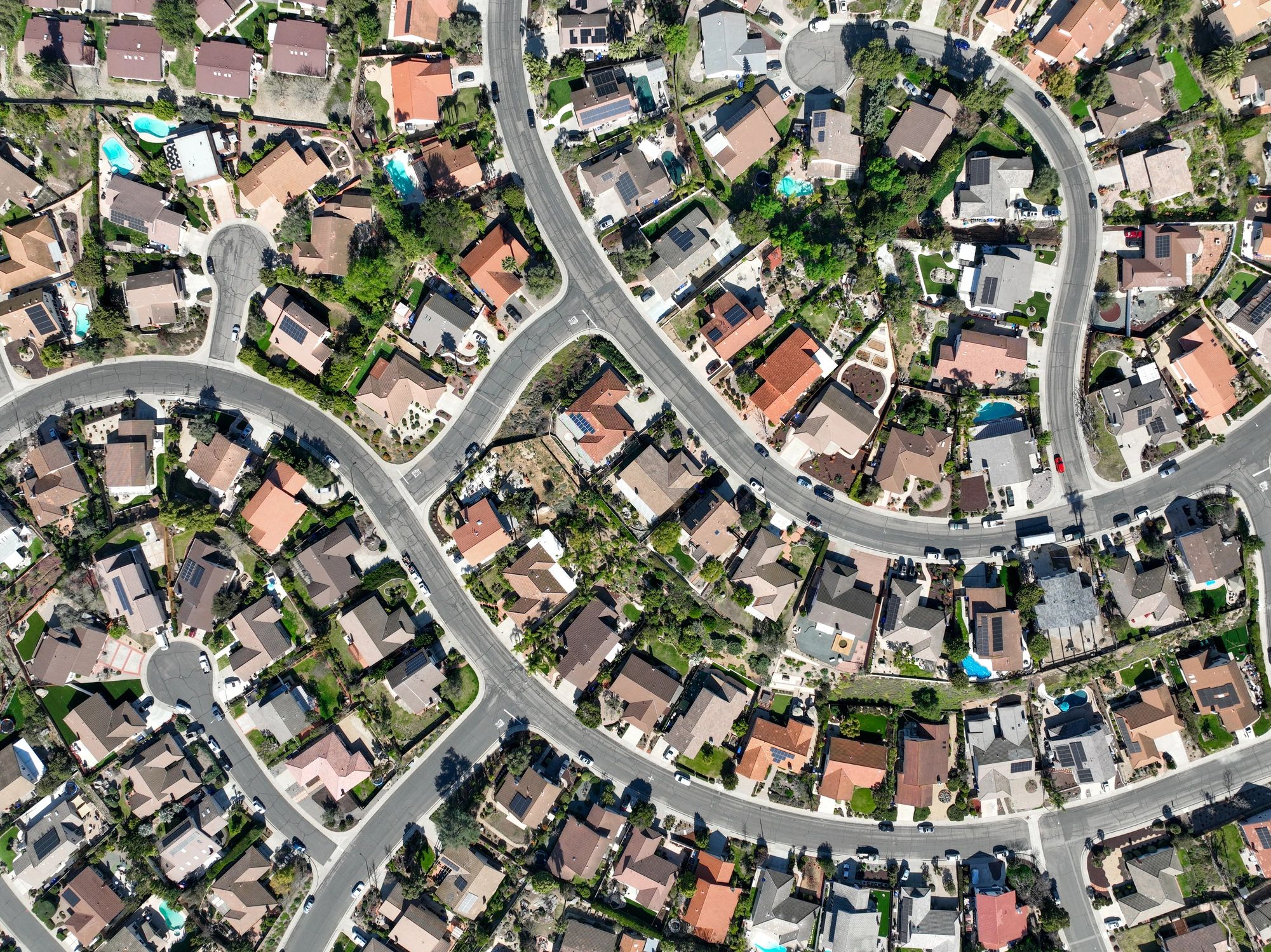 Aerial view of a modern residential neighborhood.
